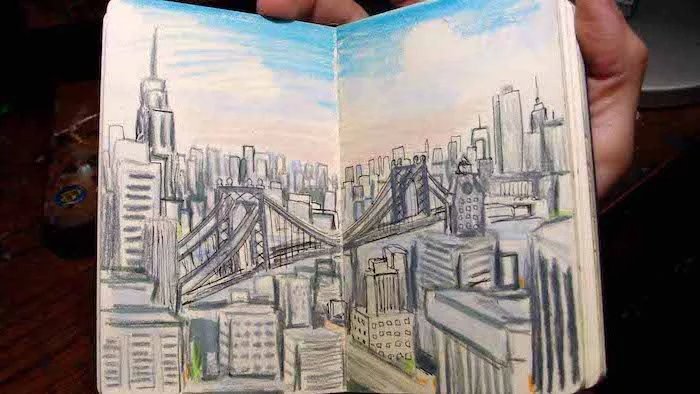 new york city skyline, things to draw when your bored, blue skies, brooklyn bridge, empire state building