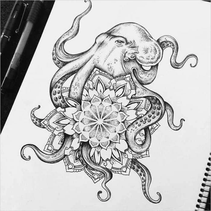 black and white, octopus drawing, white background, mandala meaning