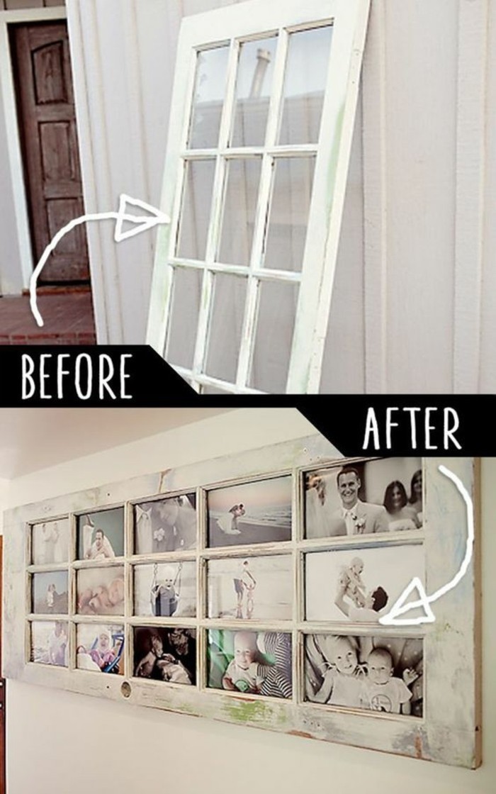 before and after photos, old door, turned into a photo frame, cute wall decor, many photos, white frame