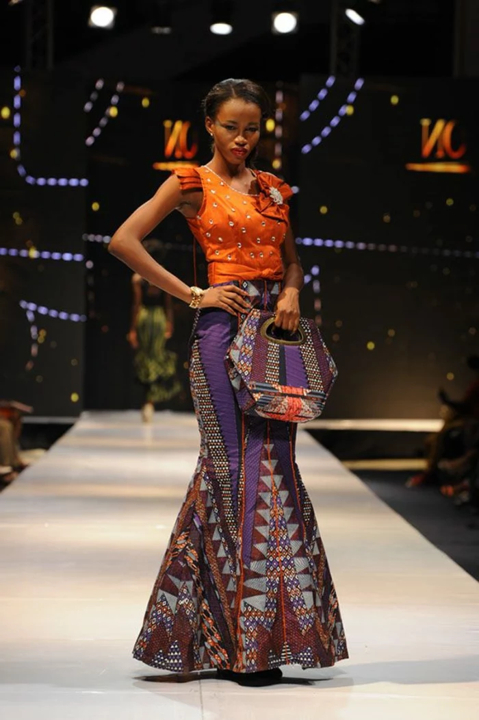 orange top, printed bottom, long dress, printed bag, african attire dresses, white runway