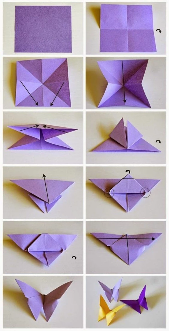 origami butterflies, purple and yellow, cute wall decor, step by step, diy tutorial, how to fold origami