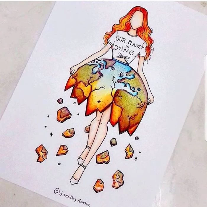 easy drawings step by step, our planet is dying t shirt, coloured sketch, of a woman, with long red hair