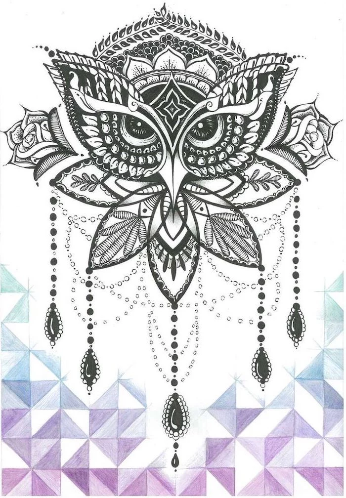 owl drawing, mandala sleeve, black and white sketch white background