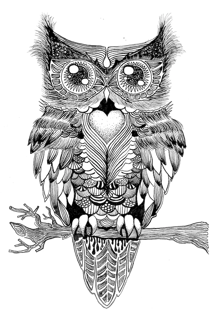 owl standing on a tree branch, things to draw when your bored, black and white drawing