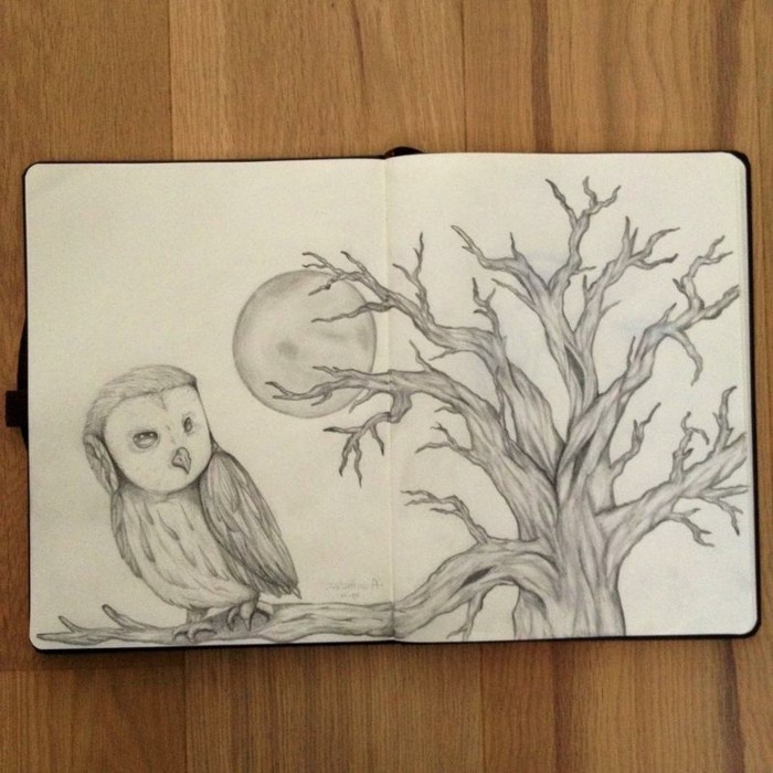 owl standing on a tree branch, moon behind it, black and white, pencil sketch, easy things to draw