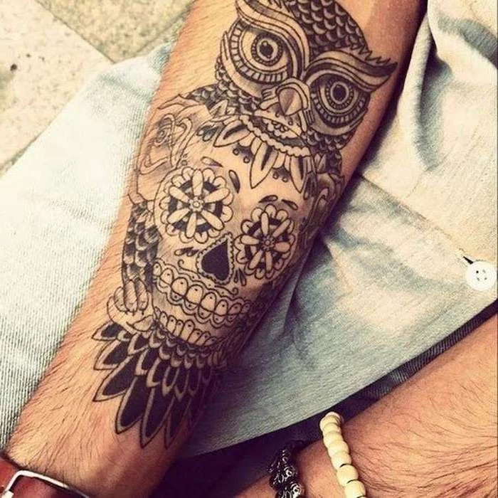 owl and skull, forearm tattoo, mandala sleeve, denim shirt
