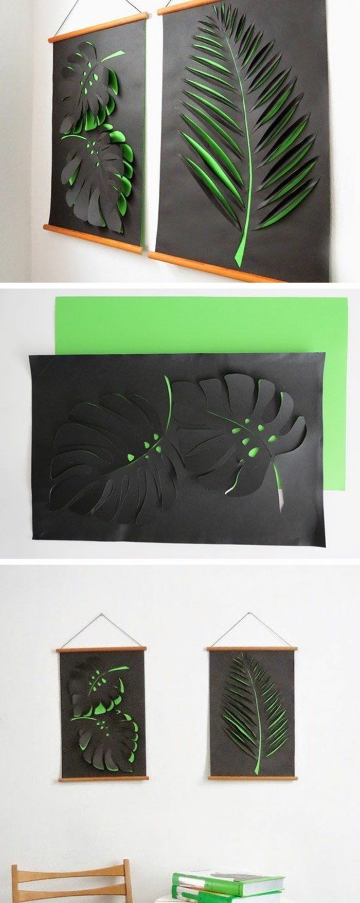 diy art projects, green an black paper, palm leaves, step by step, diy tutorial, hanging on a white wall