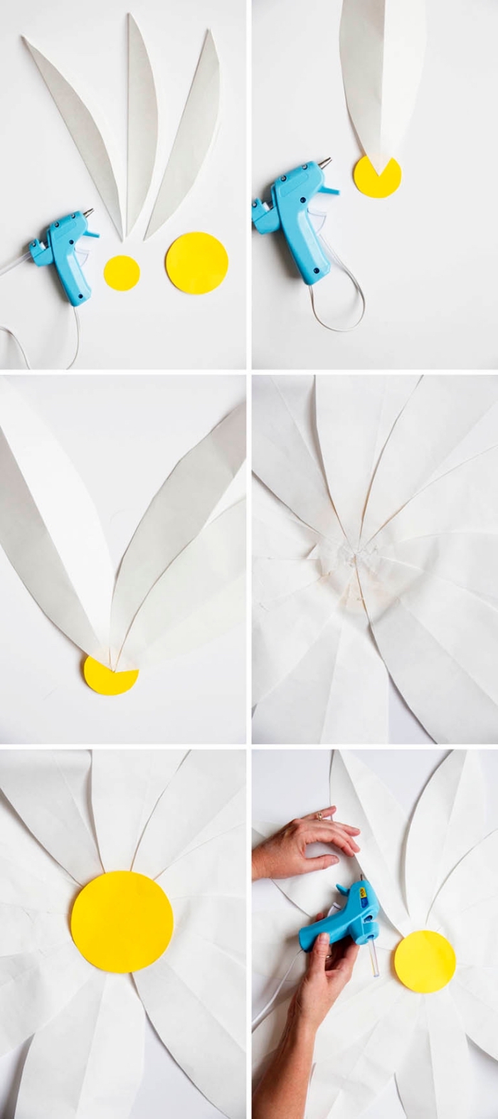 white daisies, step by step diy tutorial, bedroom wall decor, paper leaves, glued together, with a glue gun