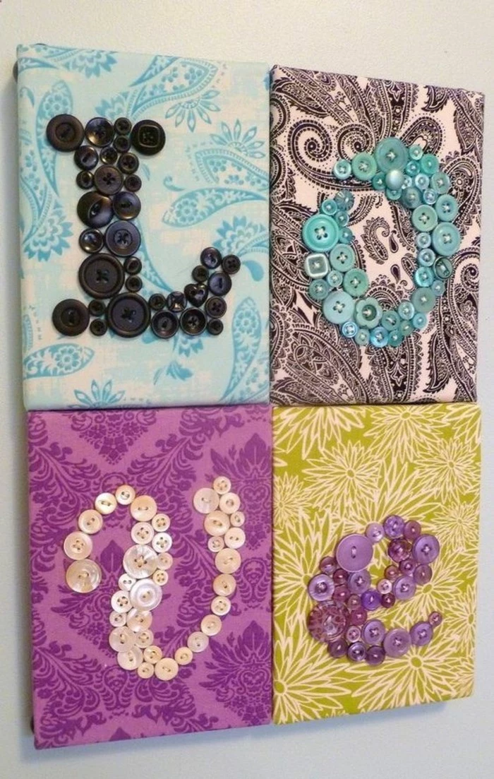 different patterned canvases, arranged together, letters made with buttons, diy decor ideas fro bedroom