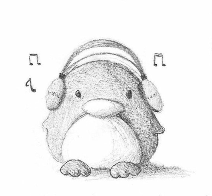 little penguin, listening to music, learn to draw with a pencil, black and white, pencil sketch