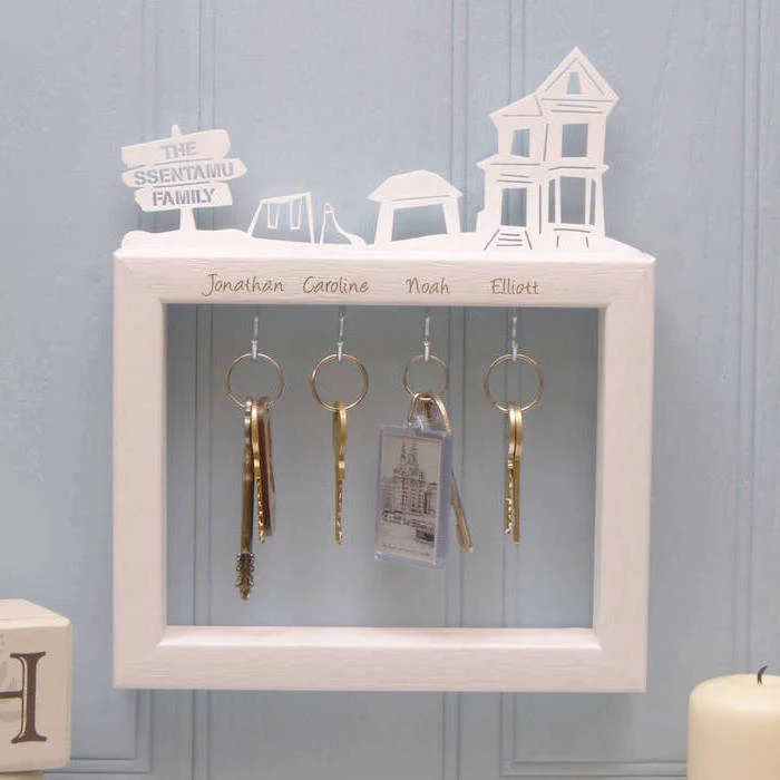 personalised key holder, great housewarming gifts, white frame, key chains