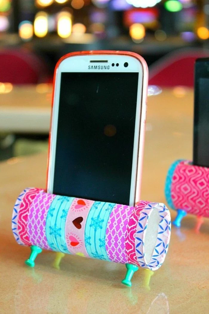phone holder, made out of washi tape, colourful patterns, pins inside, cute gift ideas for boyfriend