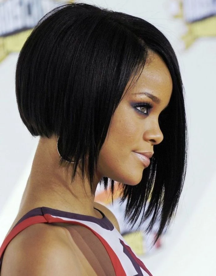 rihanna with black hair, asymmetrical haistyles, short to mid length hairstyles, purple red and white top