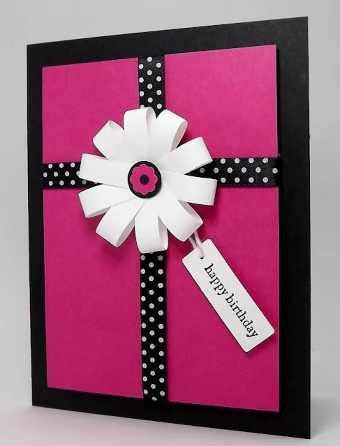 black and pink card stock, black ribbon, with white dots, what to write in a birthday card funny, white flower