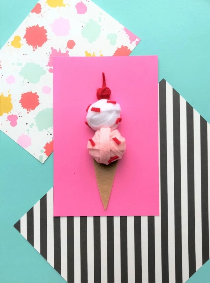 handmade birthday cards, ice cream cone, made with yarn, pink card stock, turquoise background