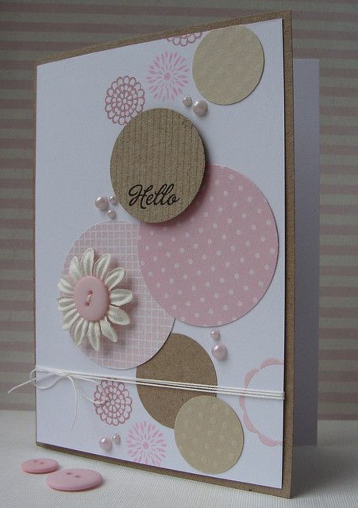 white card stock, what to write in a birthday card funny, pink circles, white flower, pink buttons