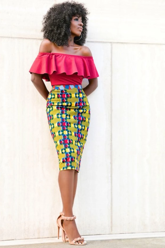 pink top, bare shoulders, mid length skirt, african attire dresses, pink high heel sandals