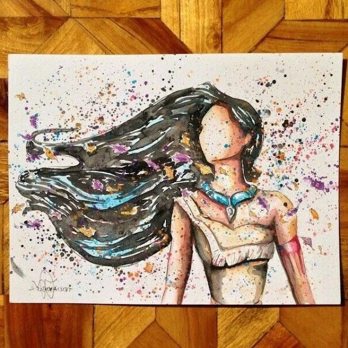pocahontas watercolour painting, long black hair, cool things to draw, flowers in her hair, white background