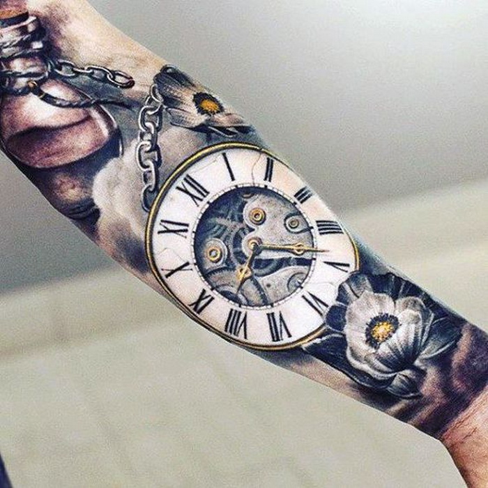 large forearm tattoo, with a clock and flowers, roman numerals translation, white tiled floor