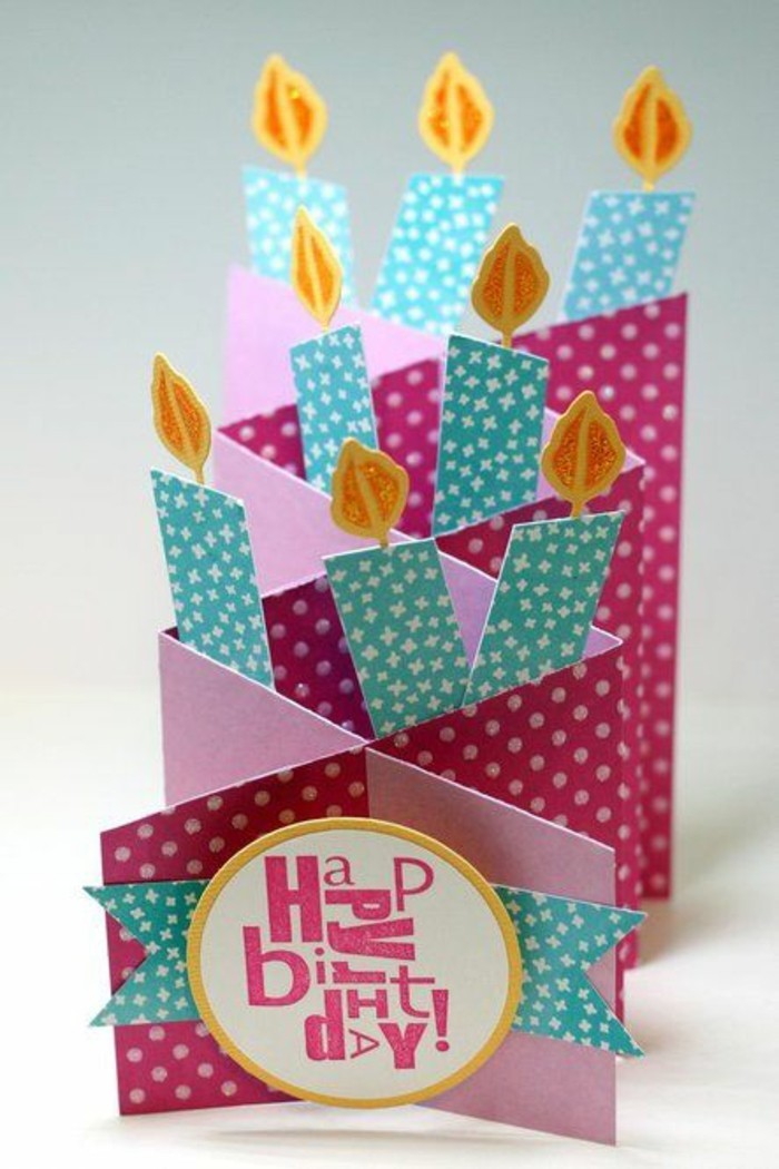 what to write in a birthday card funny, pop up card, pink card stock, blue candles, with white stars