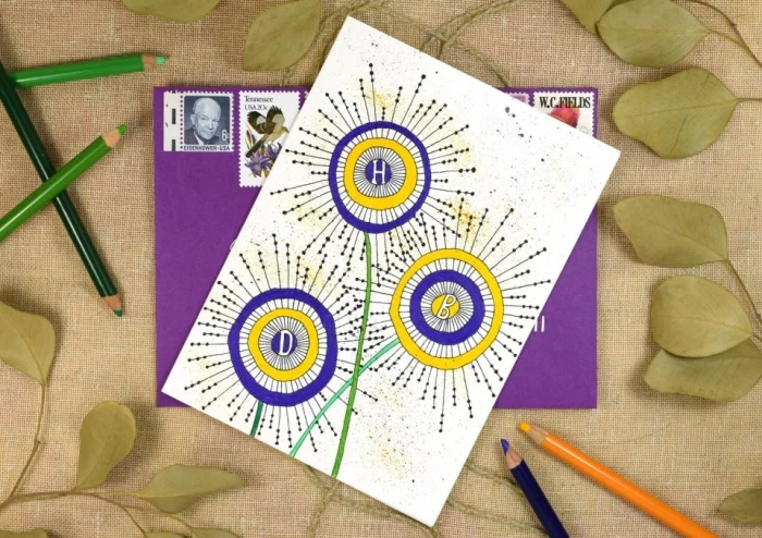 purple and yellow circles, in the shape of flowers, birthday greeting cards, purple envelope