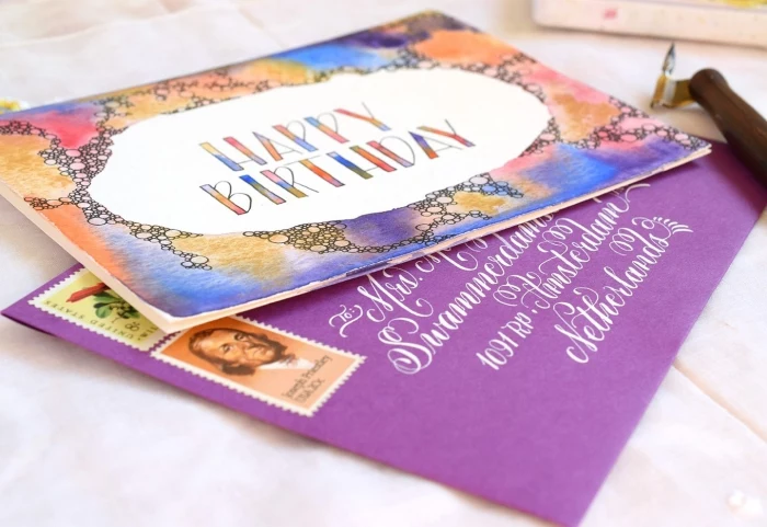 purple envelope, homemade birthday cards, watercolour greeting card, happy birthday card
