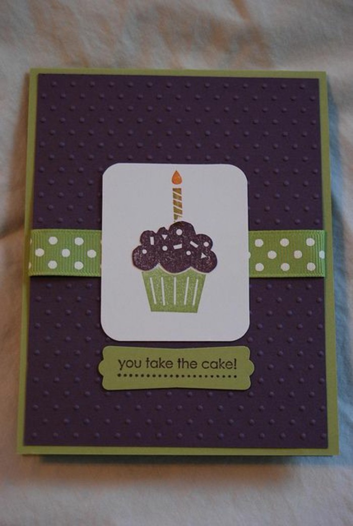 purple and green card stock, green ribbon, with white dots, what to write in a birthday card funny, you take the cake