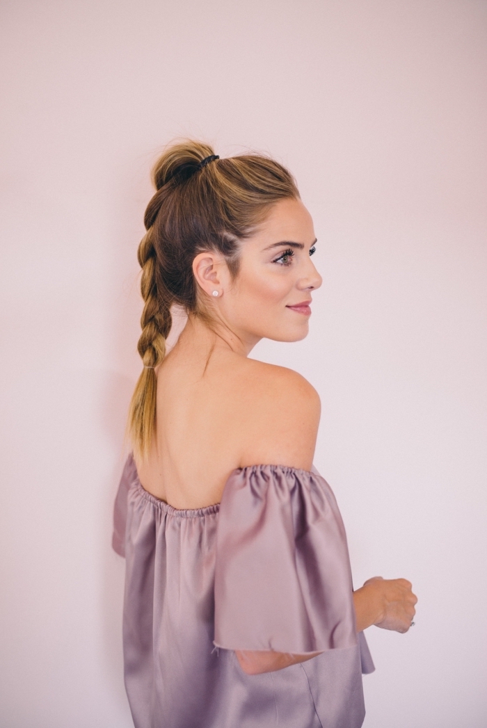high braided ponytail, brown hair, with highlights, bridesmaid updos, girl wearing a purple satin top