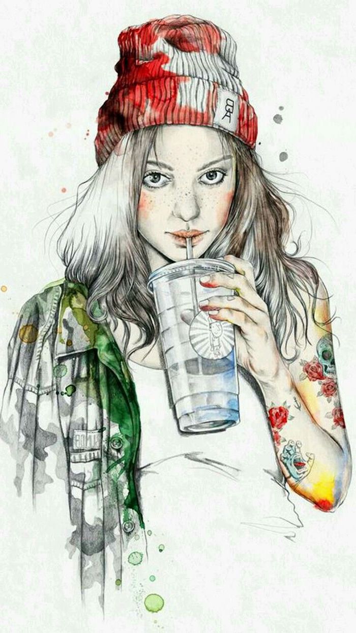 watercolour painting, easy sketches to draw, girl with a beanie, navy jacket, drinking from a cup