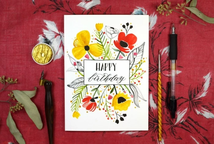 red background, gold paint, homemade birthday cards, white card stock, red and yellow flowers