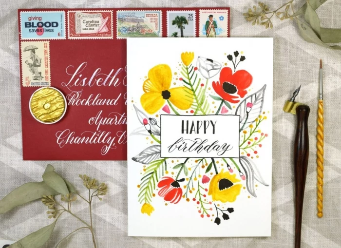 yellow and red flowers, red envelope, birthday greeting cards, white card stock, grey background
