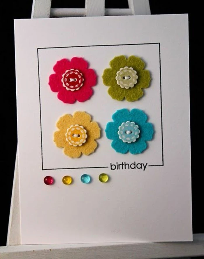 red and green, yellow and blue, flowers and beads, on white card stock, what to write in a birthday card funny