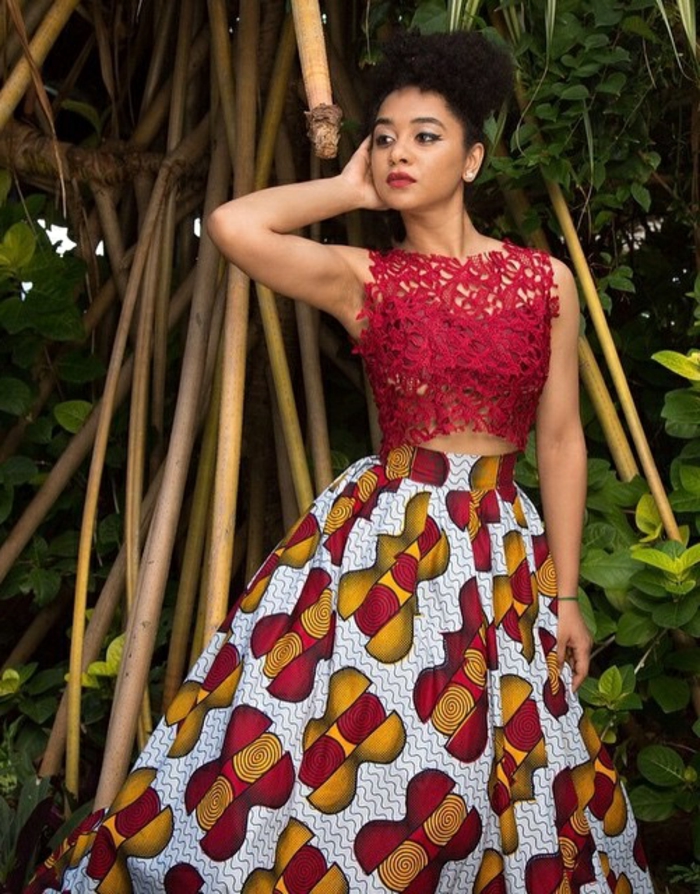 red lace top, long skirt, african formal dresses, black hair in a bun, bamboo trees
