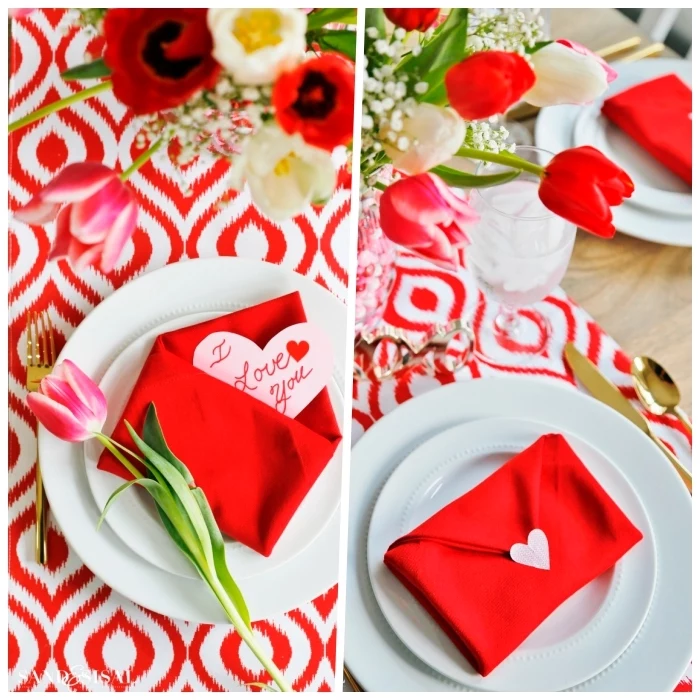 red and white table runner, red cotton napkin, in the shape of an envelope, fall table decorations