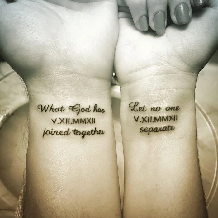 matching couples wrist tattoos, black and white photo, roman numbers tattoo