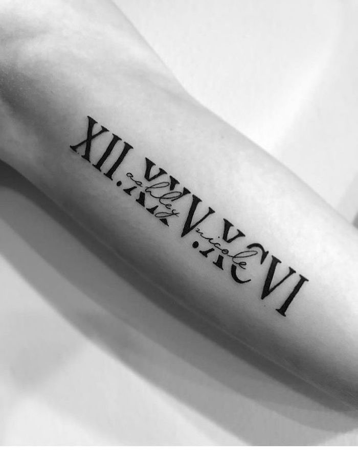 black and white photo, white background, roman numeral date tattoo