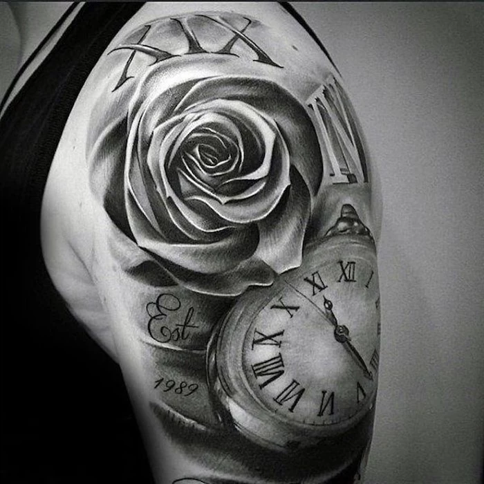 roses and a pocket watch, shoulder tattoo, roman numeral date tattoo, black top, white background, roses with roman numerals