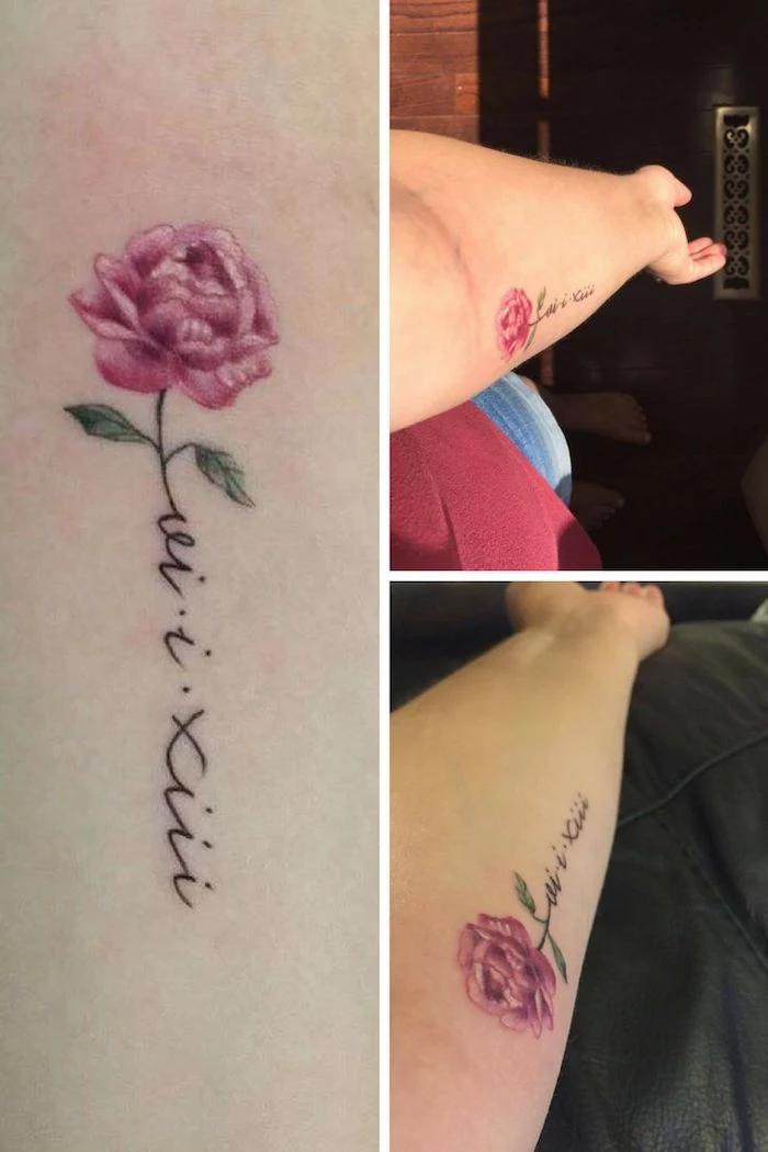 pink rose, forearm tattoo, roman numeral date tattoo, side by side photos