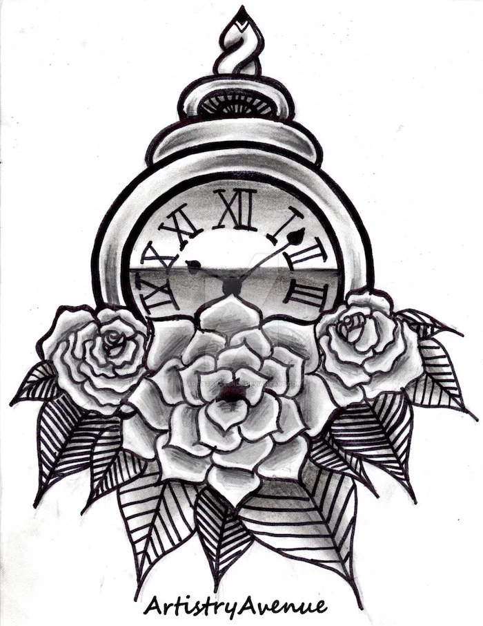 roman numeral tattoos on arm, black and white sketch, pocket watch and roses