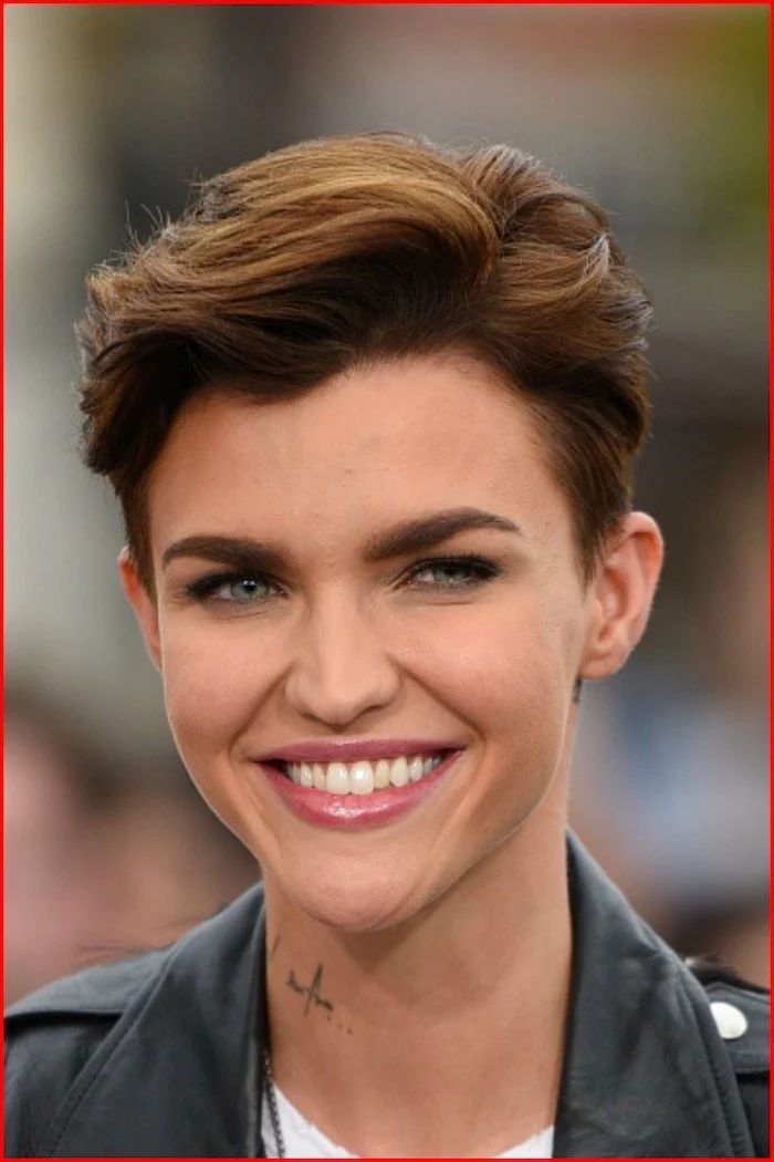 ruby rose, black leather jacket, celebrities with short hair, brown hair