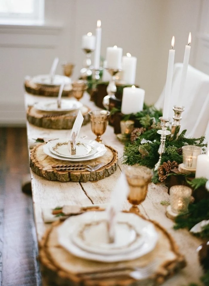 wooden blocks trays, candle holders, dining table decor ideas, pine tree branches, table runner