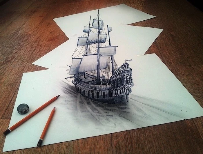 sailing ship, drawn across three papers, 3d art, cool easy drawings, black and white, pencil sketch