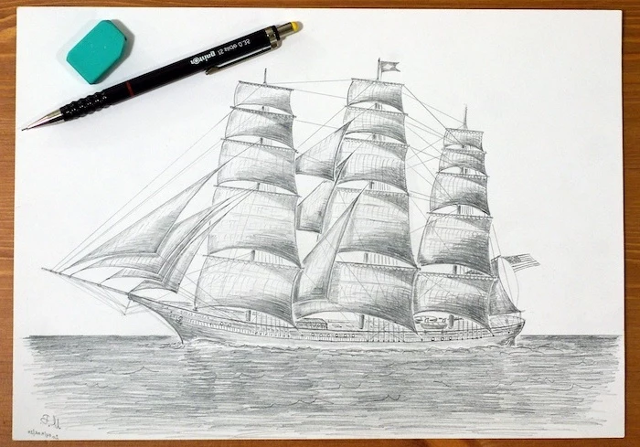 how to draw easy things, sailing ship, black and white, pencil sketch, ruler and a pencil