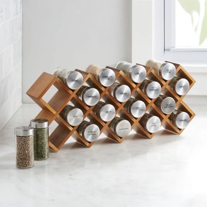 housewarming gift ideas for couple, seasoning holder, wooden rack, glass jars