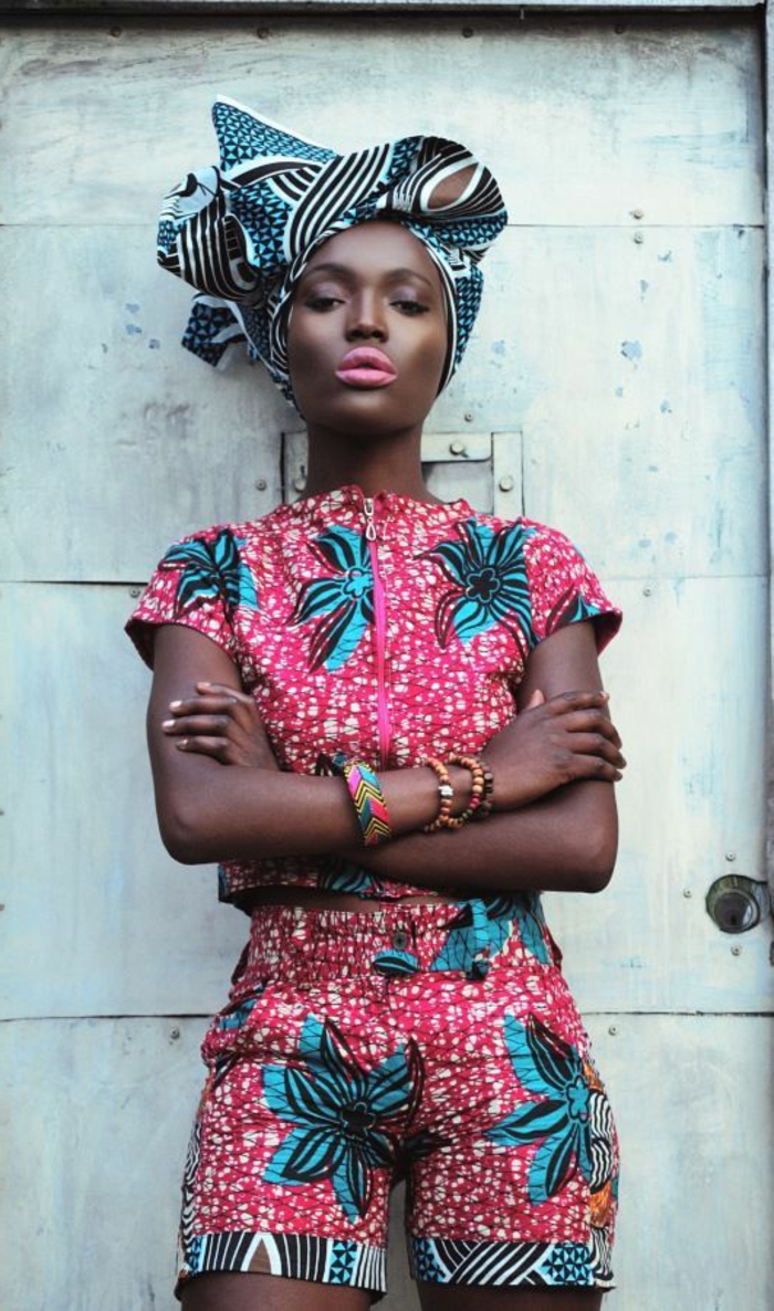 printed scarf, african formal dresses, printed shorts and crop top, white background