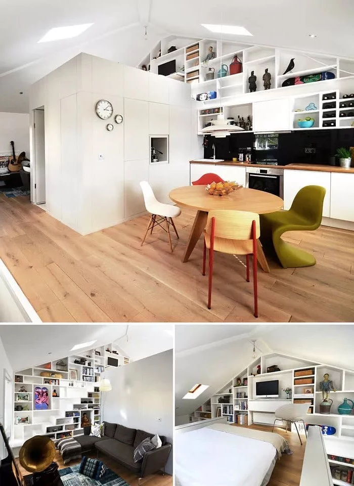 a shaped ceiling, white box, serving as room divider, two level studio apartment, couches for small living rooms