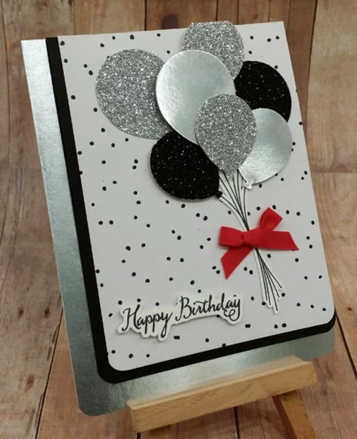 metallic silver, silver and black, glitter balloons, card making ideas, wooden board, small red bow
