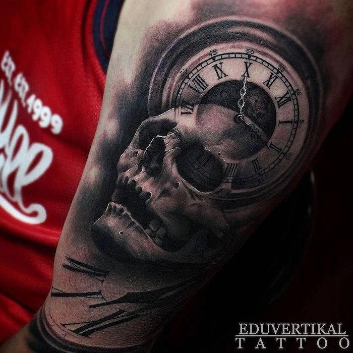 skull and a clock, red top, roman numerals tattoo on chest, black background