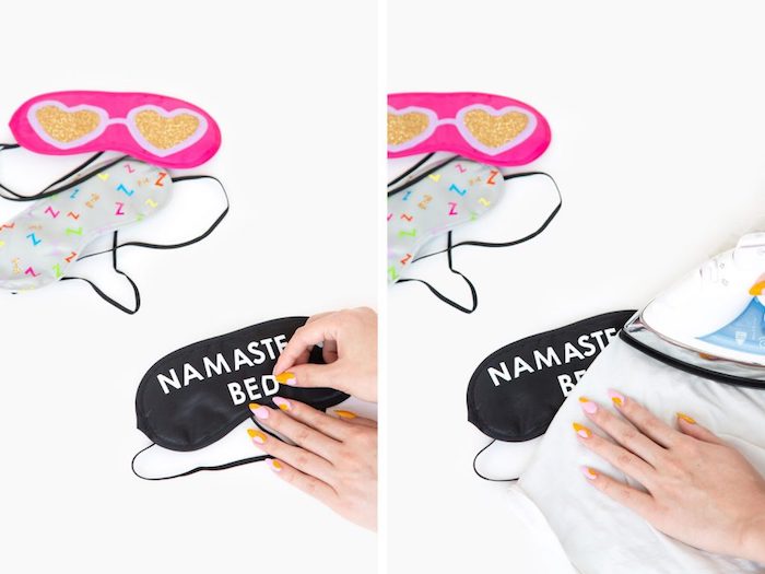 namaste in bed, black sleeping mask, diy tutorial, birthday gift ideas, pink and grey, sleeping masks