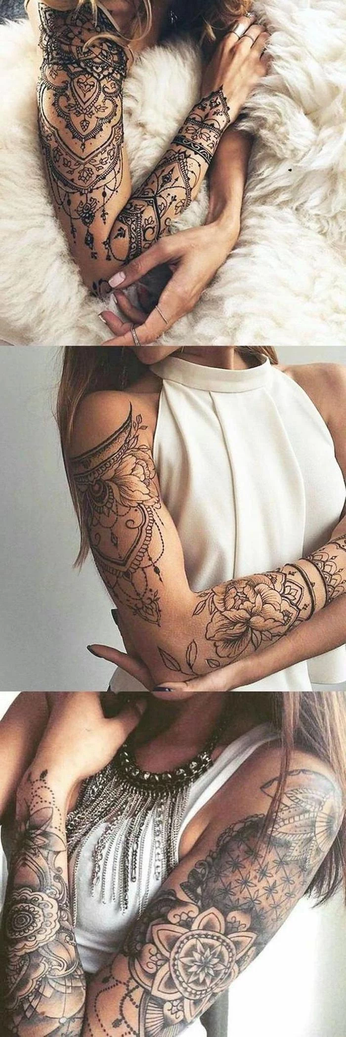 sleeve tattoos, white top, side by side photos, mandala tattoo meaning
